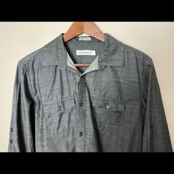 CALVIN Klein heathered grey long sleeve button down  top  size Medium - Picture 3 of 7